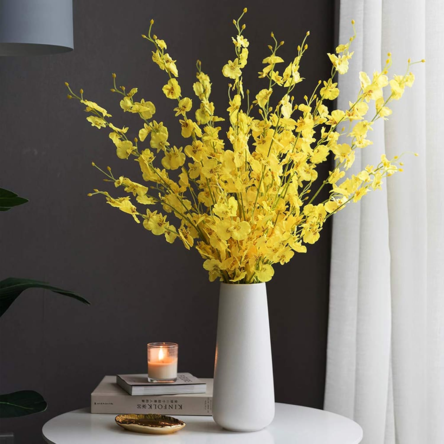 12Pcs Artificial Orchids Flowers Fake Silk Dancing Lady Orchid Faux Long Stem Flowers In Bulk For Home Wedding Office Party Festive Indoor Outdoor Decoration (Yellow)