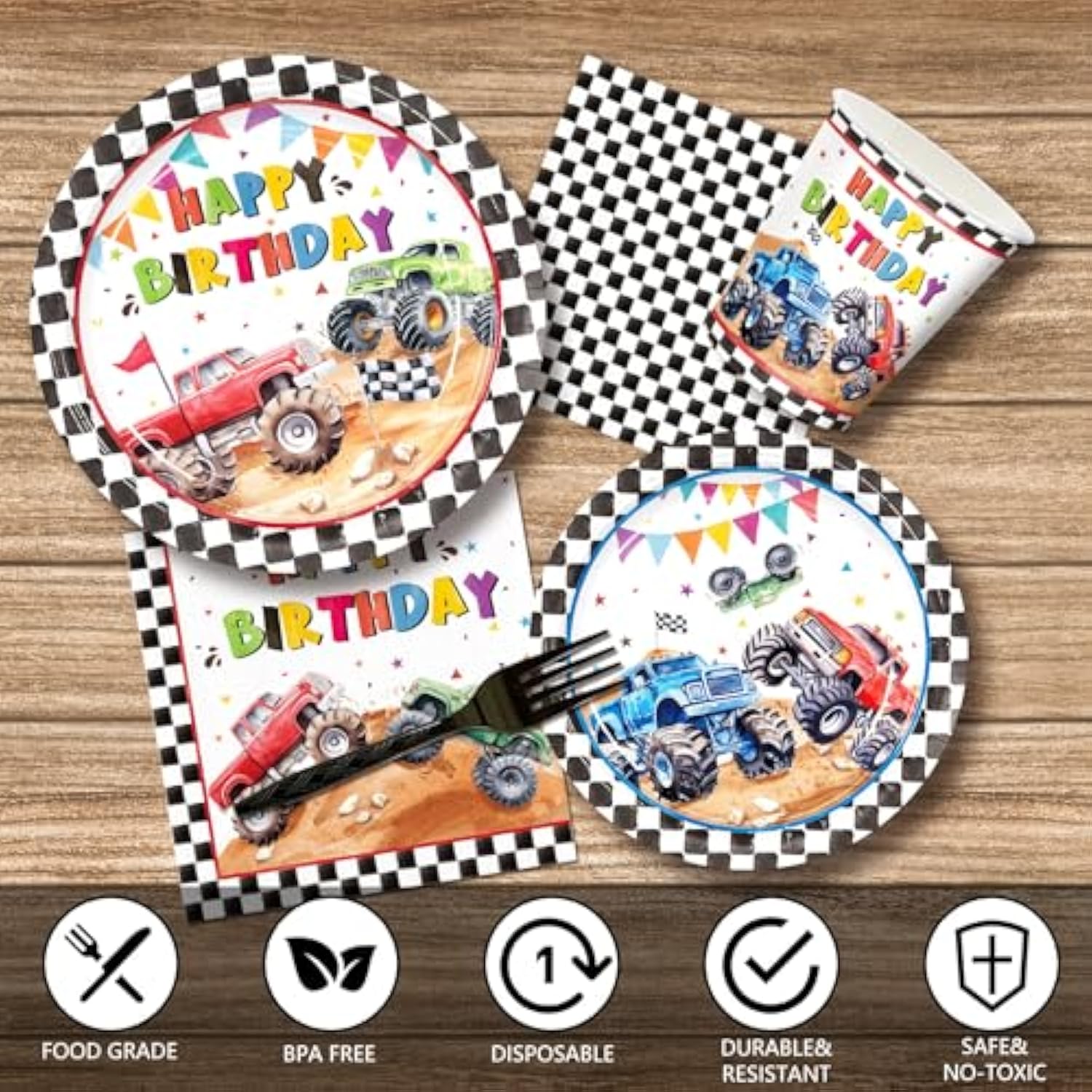144Pcs Monster Truck Birthday Party Decorations Plates Napkins Disposable Truck Paper Cups Monster Truck Party Supplies Tableware Set For Kids Boys Birthday Decor Serve 24 Guests