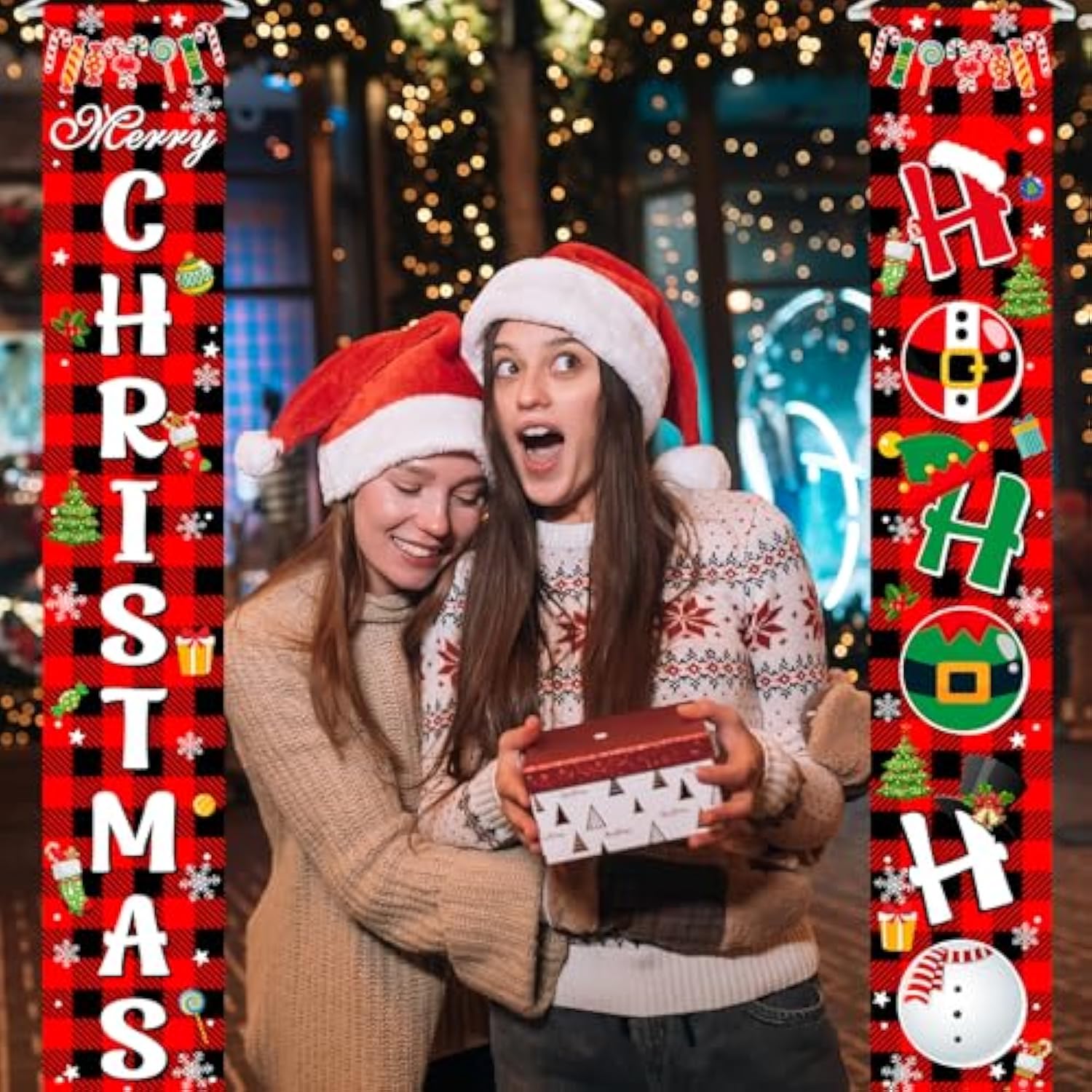 Merry Christmas Front Door Sign Red Buffalo Plaid Christmas Banner - Indoor/Outdoor Decorations