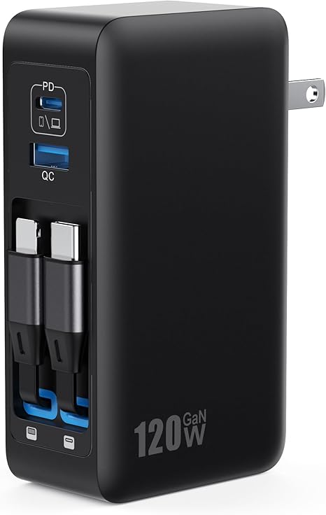 120W USB C GaN Charger Block with 2 Retractable Cables 4 in 1 Fast Charging Wall Charger for MacBook iPhone Samsung