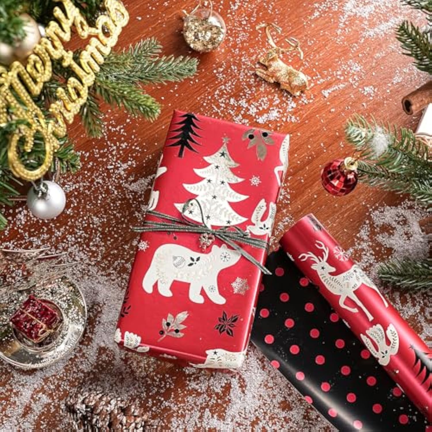 Christmas Reversible Wrapping Paper Roll, Mini Roll, Red Black Reindeer And Tree Design, Black With Red Polka Dots Gift Wrap Paper For Adults, Kids And Holiday Gifts, 17 Inches X 32.8 Feet