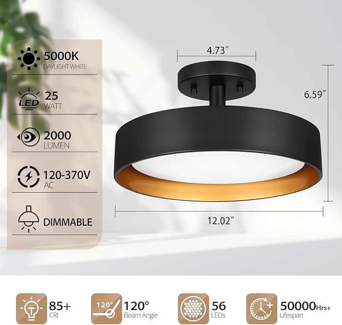 12 Inch Black Gold LED Ceiling Light 25W Dimmable Semi Flush Fixture