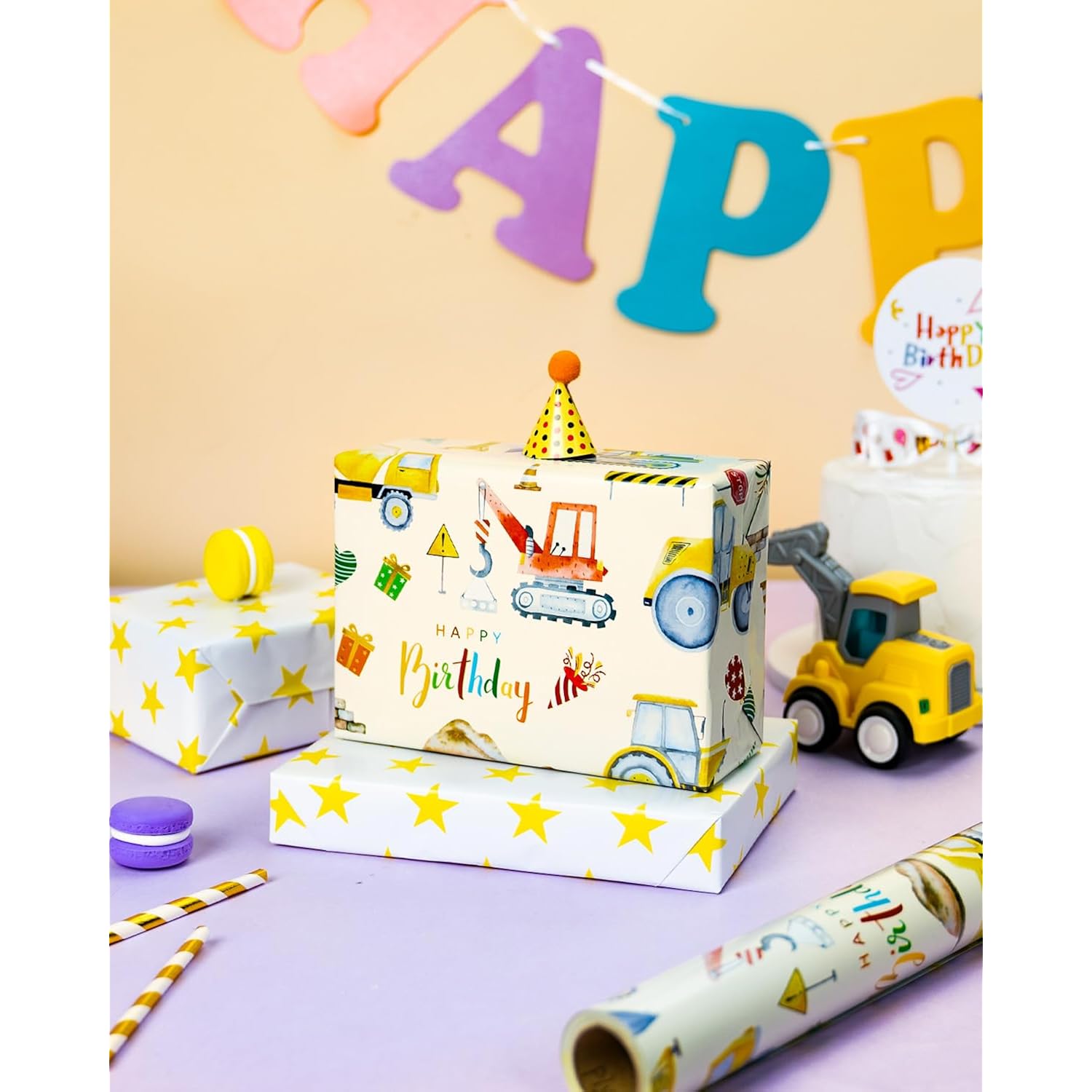 Construction Wrapping Paper Roll, Colorful Excavator,Tractor With Happy Birthday & Star Reversible Gift Wrap For Kids Birthday, Baby Boy Shower, Party, Celebration - Mini Roll(17 In X 32.8 Ft)