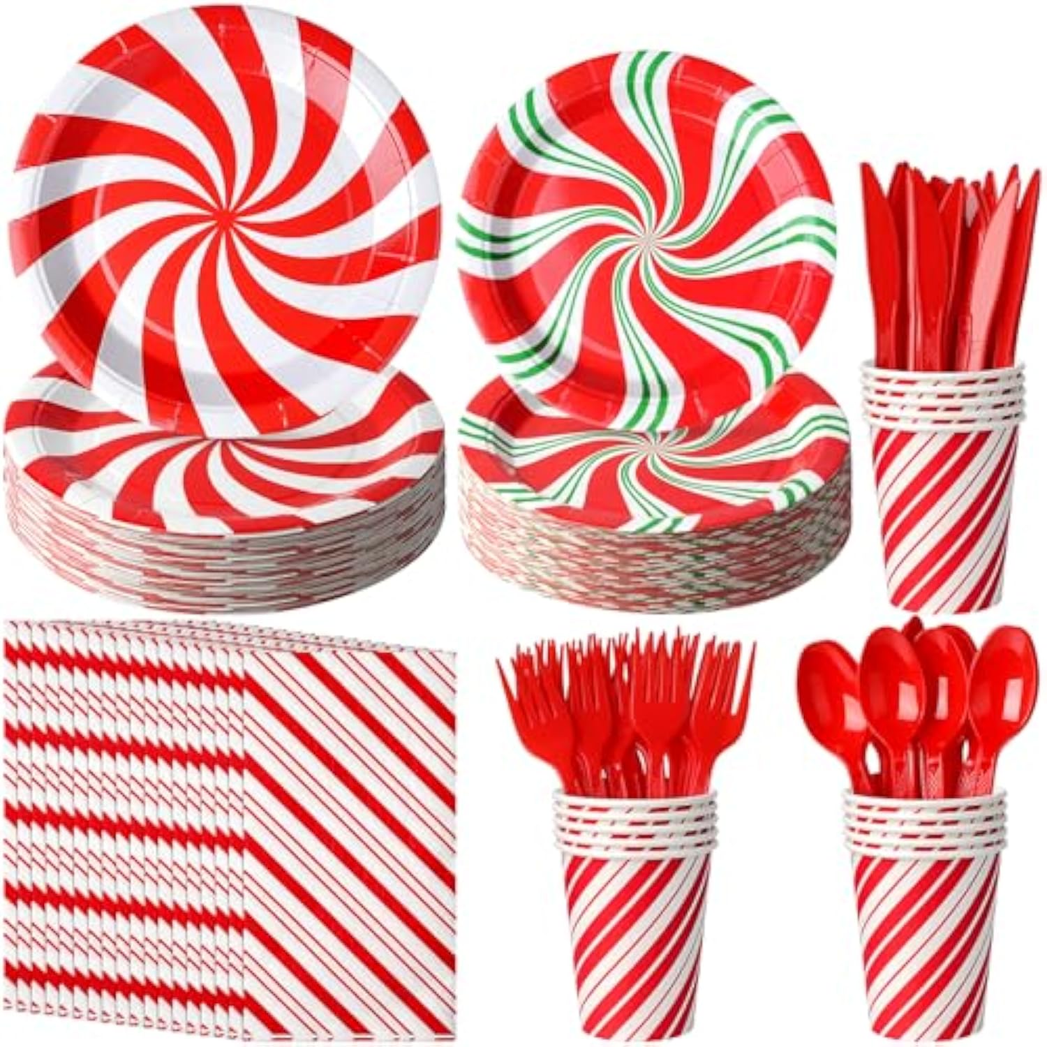 Candy Cane Party Plates Supplies - Peppermint Swirl Red Green Paper Plate Napkins Cup Knives Spoon Fork - Serve 50 For Christmas Holiday Party Decorations