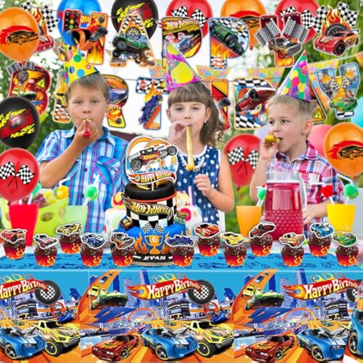 Race car party kit with banner, balloons, cake toppers, cupcake toppers & tablecloth