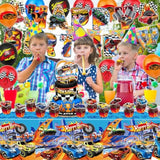 Race car party kit with banner, balloons, cake toppers, cupcake toppers & tablecloth