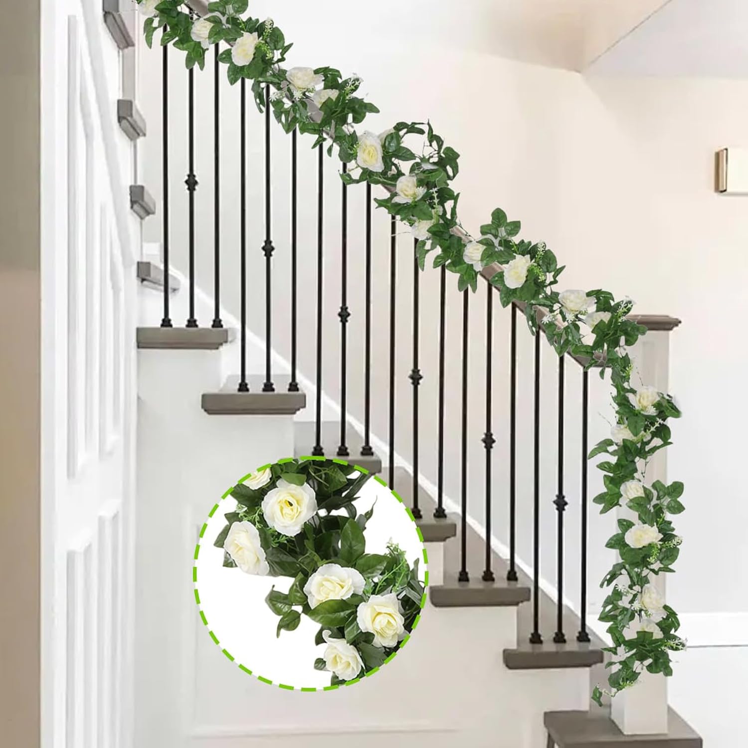 2 Pack White Rose Garland Artificial Flower Vines Fake Silk Flower Hanging Rose Garland With Greenery Plants Hanging Floral Garland For Wedding Floral Home Garden Outdoor Wall Decoration