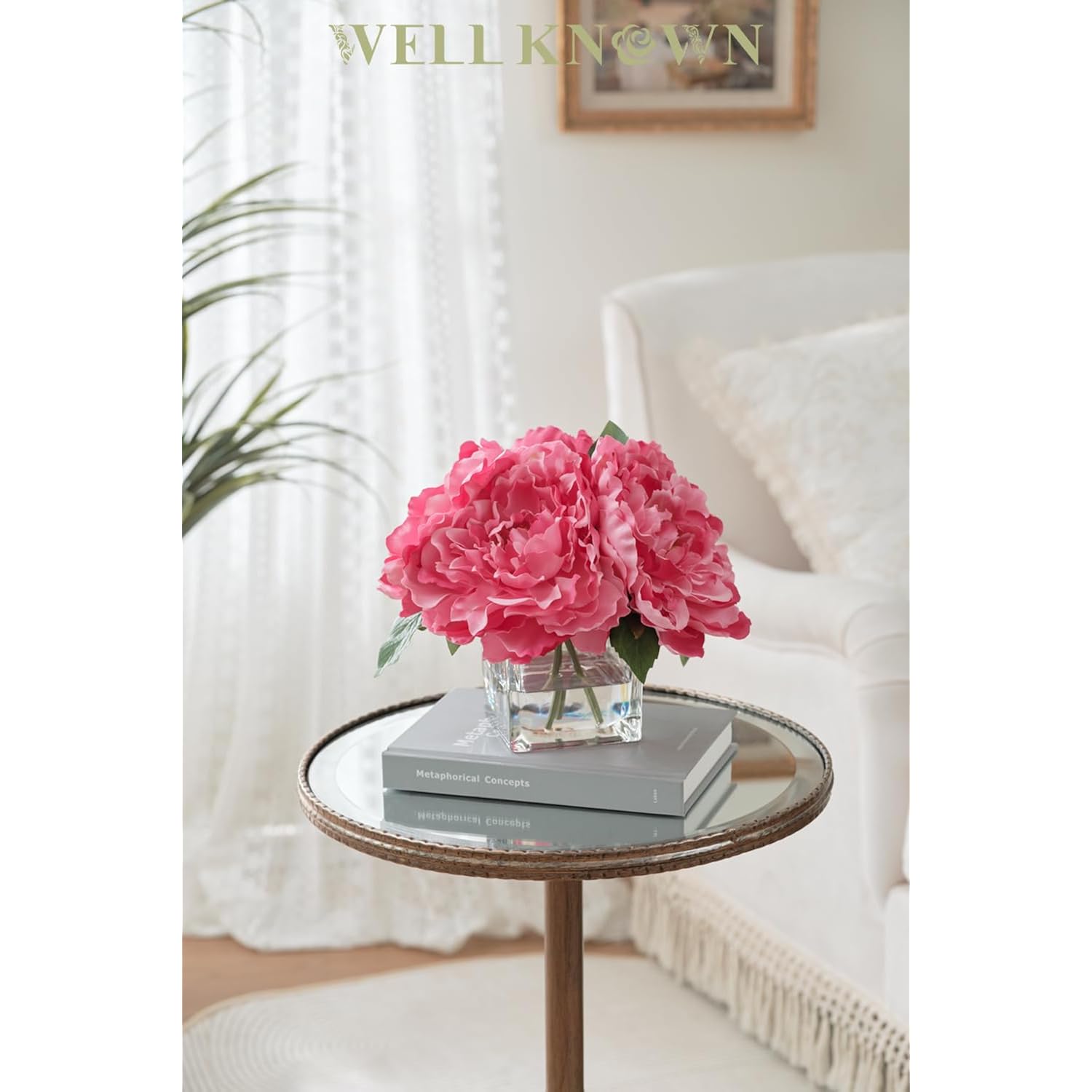 Artificial Peonies Flowers Arrangements In Cube Glass Vase, Wellknown Silk Flower Centerpieces For Dining Room Table, Coffee Table Decor, Faux Peony Flowers With Faux Water (Fuchsia)