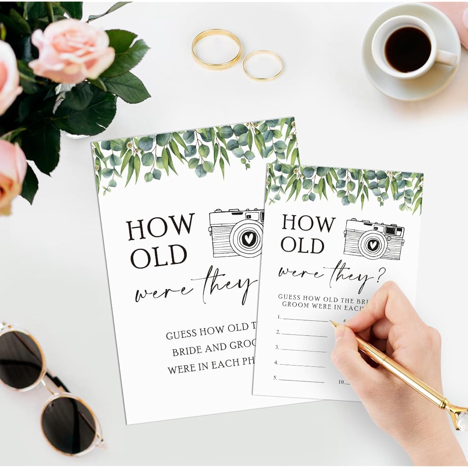 Greenery How Old Were The Bride And Groom Game, Guessing The Age Photo Game, Bridal Shower Wedding Shower Games (1 Sign And 30 Cards)-Bng12