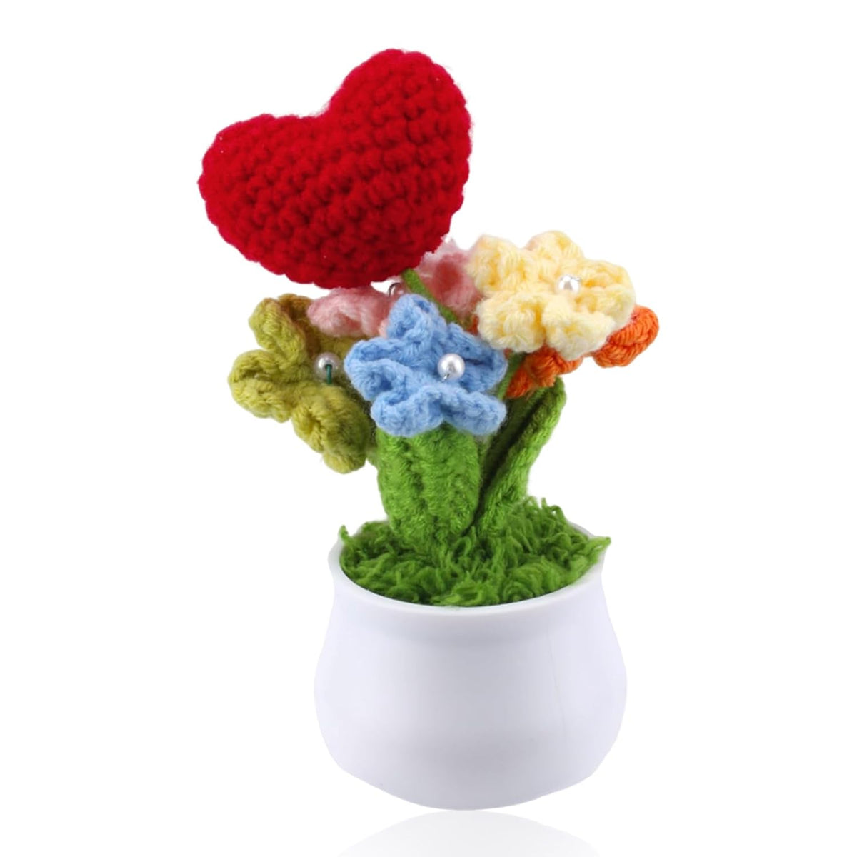 Knitting Crochet Flowers Potted Plants,Artificial Forget Me Not Flowers,Knitted Heart For Friends,Family Lover,Fake Handmade Flowers For Birthday Valentine Home Decoraitons (Red)