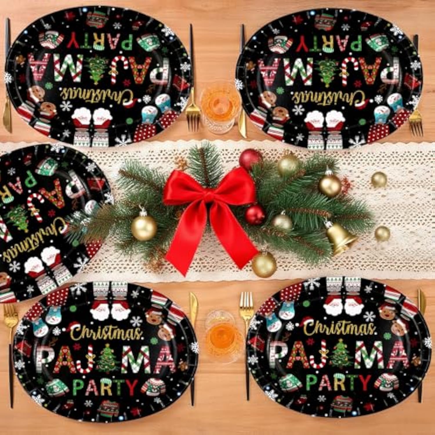50Pcs Christmas Pajama Oval Paper Plates 10" X 12" Large Disposable Heavy Duty Black Merry Xmas Tree Santa Sweater Plates Funny Christmas Platters For Happy Winter Birthday Holiday Party Decorations