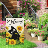 Welcome Summer Cute Black Cat Garden Flag 12X18 Double Sided Burlap, Spring Sunflower Bee Yard Banner For Rustic Seasonal Outdoor Decoration (Only Flag)