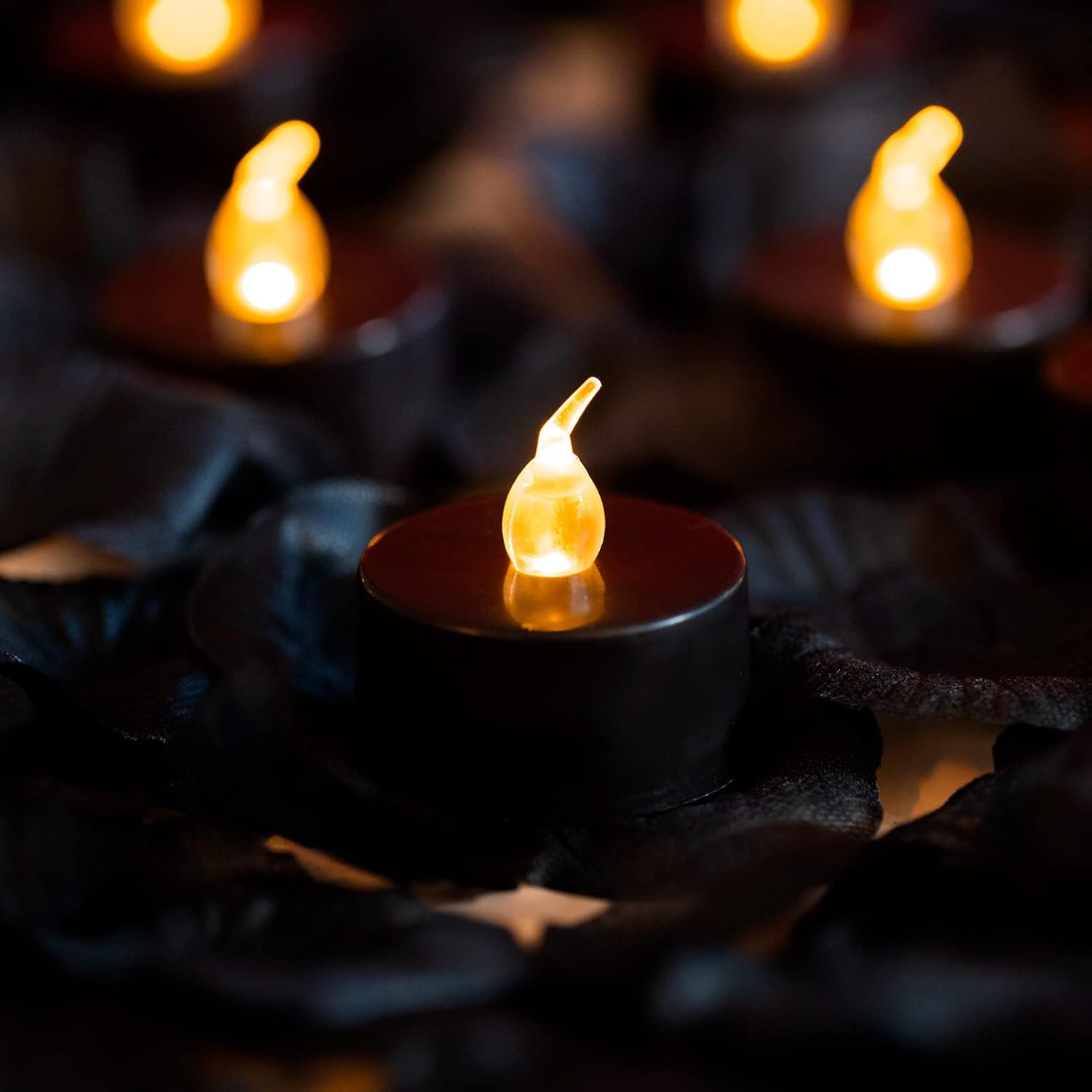 500Pcs Black Artificial Rose Petals With 24Pcs Black Battery Operated Flickering Flameless Tea Lights Candles (Black Tea Lights With Black Rose Petals)
