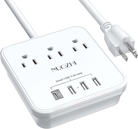 Cruise Ship Power Strip 3 Outlets 4 USB Ports USB C 6FT Extension Cord No Surge White