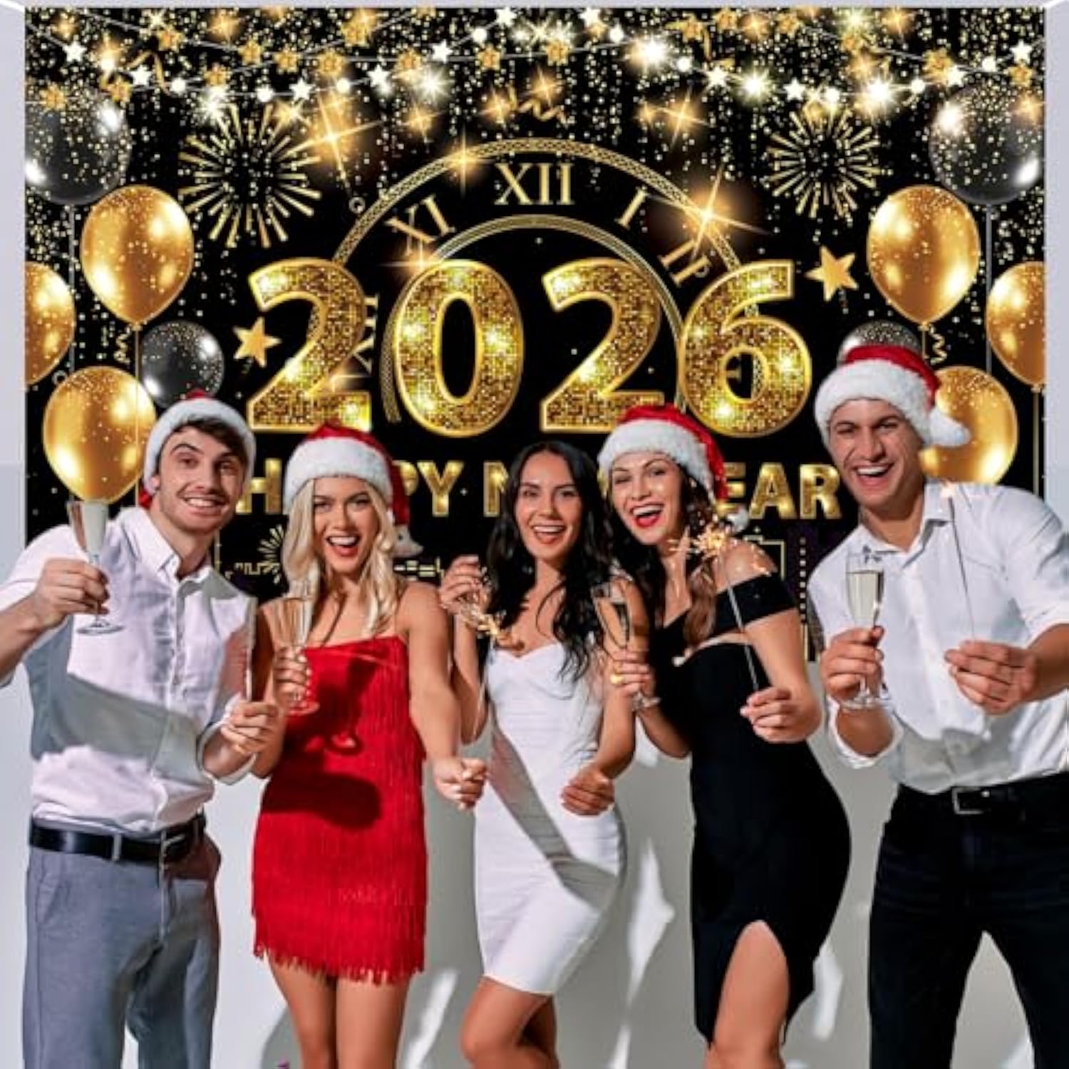 70x43 Inch Black Gold Happy New Year 2026 Backdrop Banner Party Decor