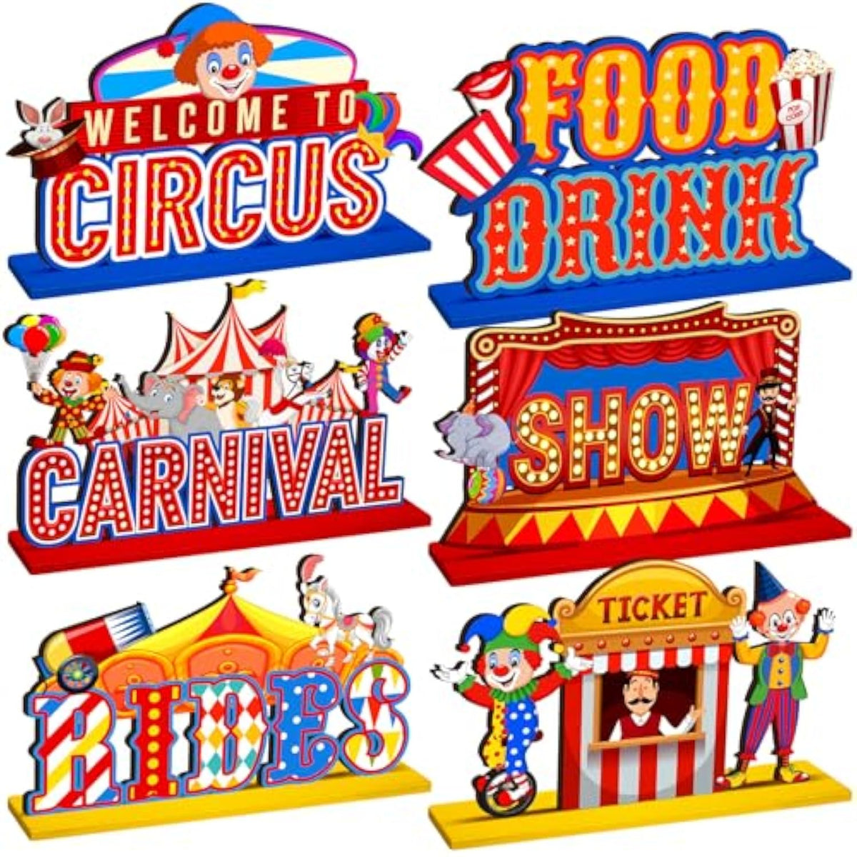 6 Pcs Circus Carnival Party Decorations Carnival Centerpieces For Tables Circus Theme Party Decorations Wooden Carnival Centerpieces For Cake Toppers Birthday Party Favors Supplies