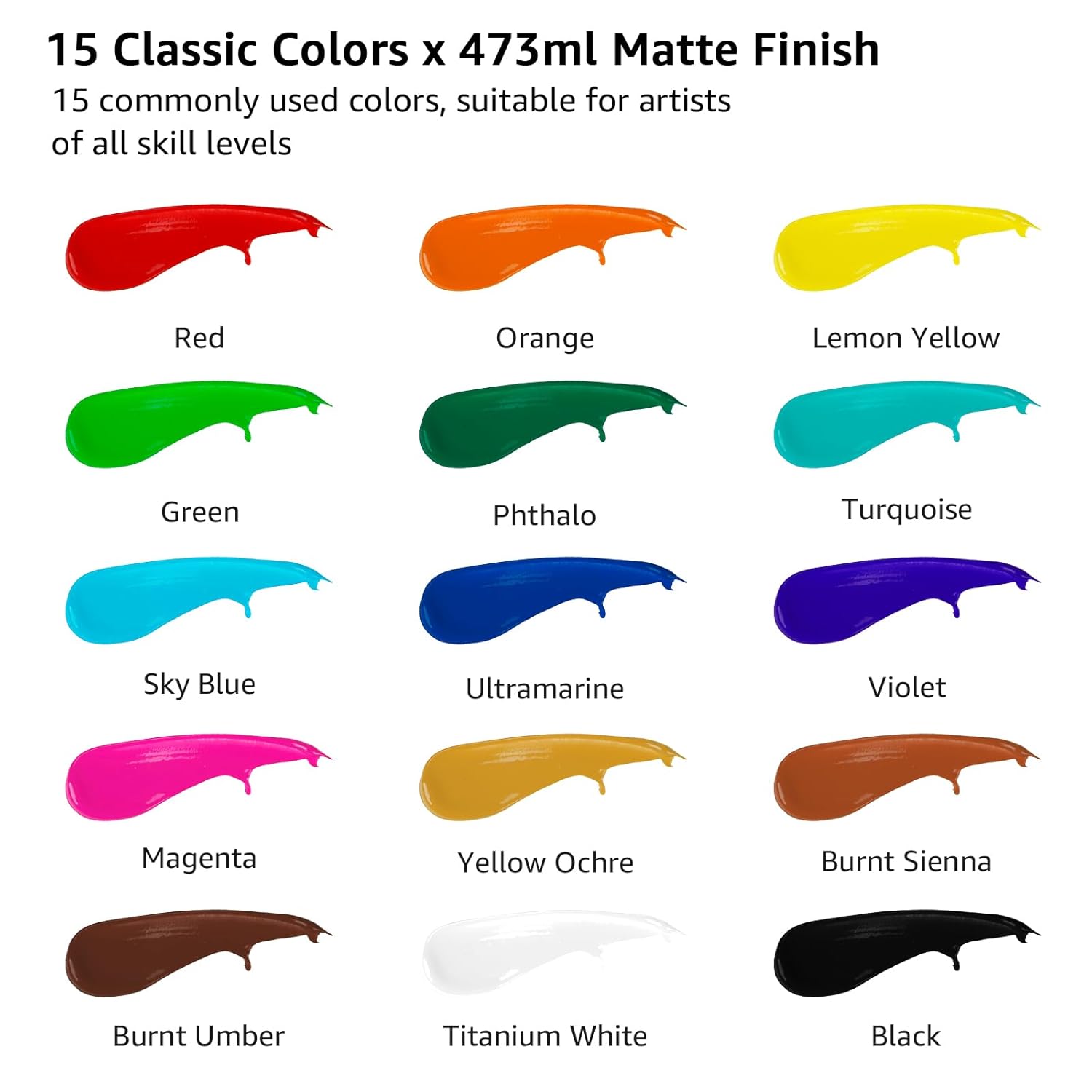 Large Bulk Acrylic Paint Set, 15 Colors (473 Ml/16 Fl Oz), Matte Finish, Rich Pigments, Non-Toxic Paints For Painting On Canvas Crafts Wood Ceramic, Ideal For Beginners And Students
