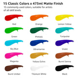 Large Bulk Acrylic Paint Set, 15 Colors (473 Ml/16 Fl Oz), Matte Finish, Rich Pigments, Non-Toxic Paints For Painting On Canvas Crafts Wood Ceramic, Ideal For Beginners And Students