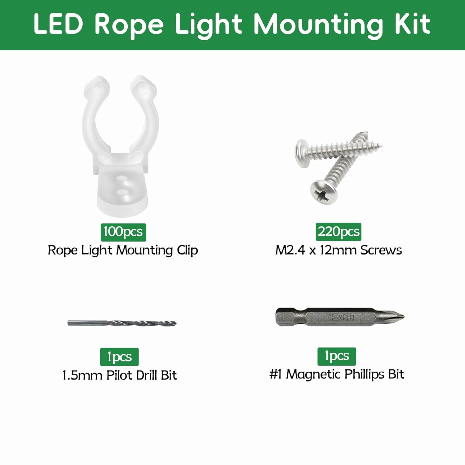 100Pcs 1/2 Inch Led Rope Outdoor Light Mounting Clips For Outside Led Light Hangers With 220Pcs Screws For Wedding Patio Christmas Party, Includes Drill & Ph1 Bit
