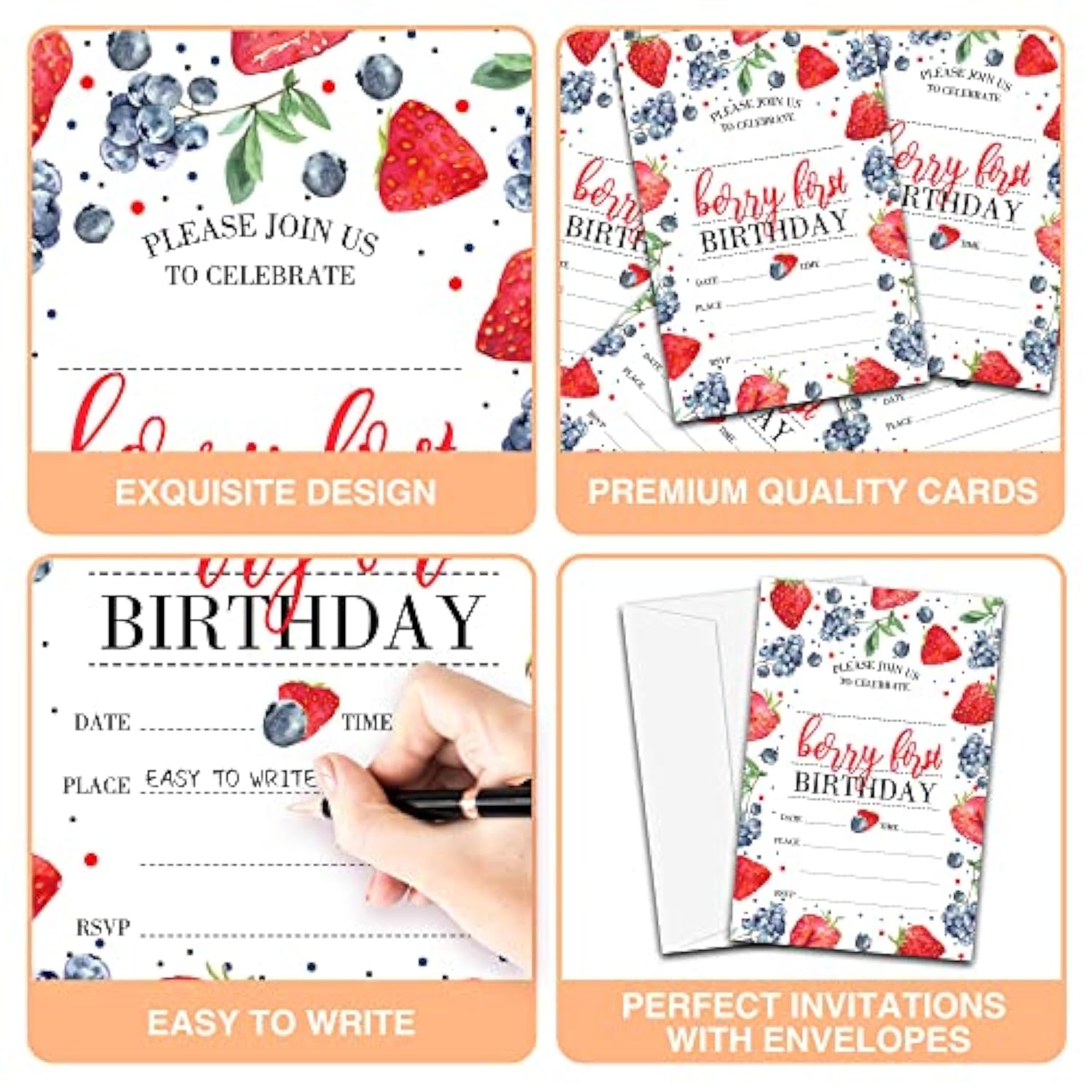 Birthday Invitations, 4"X6" Berry First Strawberry And Blueberry Birthday Party Invitations With Envelopes For Baby Girl 1St Birthday Party Decorations Supplies(20 Pieces)-C05