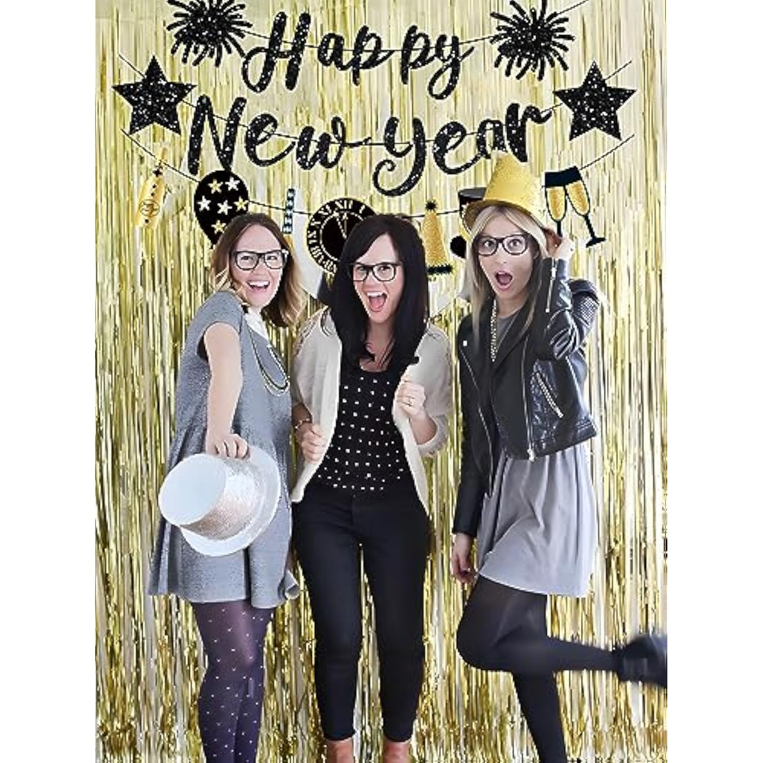 Black Glitter Happy New Year Banner 2026 Pre-Strung for Party Decorations