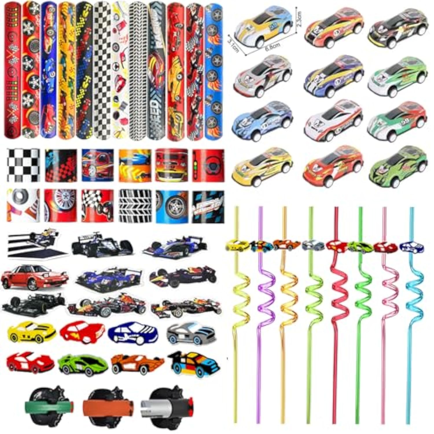 108Pcs Race Car Party Favors - Themed Birthday Goodie Bags With Party Straws, Bubble Slap Bracelets, Diy Car Stickers, Pencil Caps