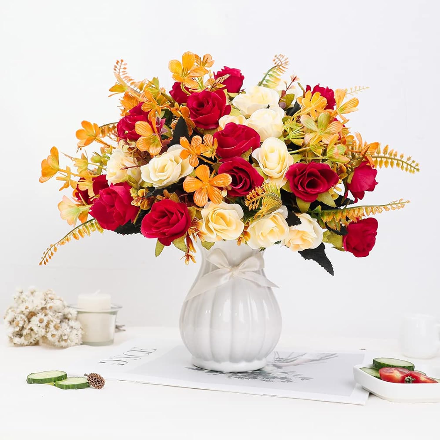 Artificial Fake Flowers With Vase Silk Artificial Roses Wedding Flowers Bouquets Home Office Party Meeting Room Decoration (Red-1)