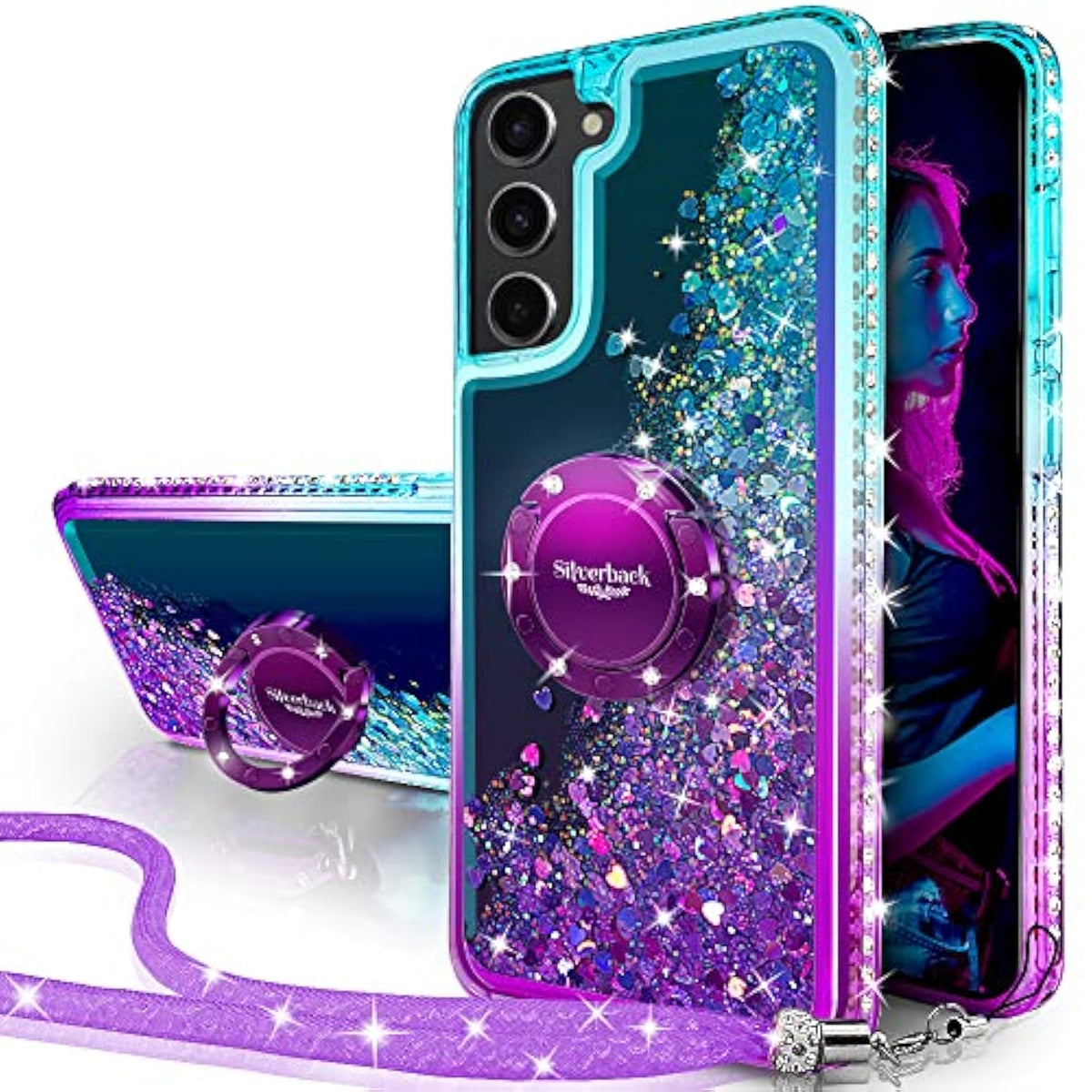 For Samsung Galaxy S22 Case, Moving Liquid Holographic Sparkle Glitter Case With Kickstand, Girls Women Bling Diamond Ring Slim Protective Case For Galaxy S22 5G Purple