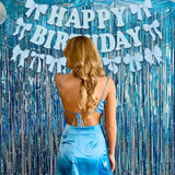 Pre-Strung Blue Bow Decorations Glitter Happy Birthday Banner Bow Garland Party Decorations For Girls Women Birthday Party (Blue)