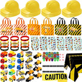 148 Pcs Construction Birthday Party Supplies Include 12 Construction Hats, 24 Truck Toys, 12 Vehicle Stickers, 12 Silicone Bracelet, 12 Goodie Bag, 24 Stamps, 50 Shovels, 1 Tablecloth,1 Tape