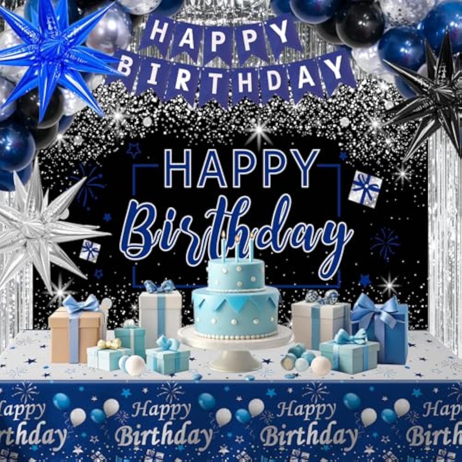 Blue And Black Birthday Decorations For Men Women, Happy Birthday Decorations For Boys Girls Silver Blue Party Decorations Backdrop Tablecloth Confetti Balloons Arch Kit Fringe Curtains Table Cover