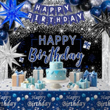 Blue And Black Birthday Decorations For Men Women, Happy Birthday Decorations For Boys Girls Silver Blue Party Decorations Backdrop Tablecloth Confetti Balloons Arch Kit Fringe Curtains Table Cover