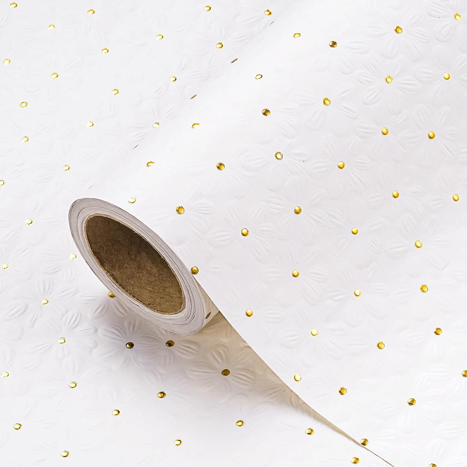 3D Kraft Floral Wrapping Paper - Mini Roll - 17 Inch X 16.5 Feet - Embossed Elegant White Floral With Gold Foil Wrapping Paper For Valentines Day, Wedding, Bridal Shower, Birthday