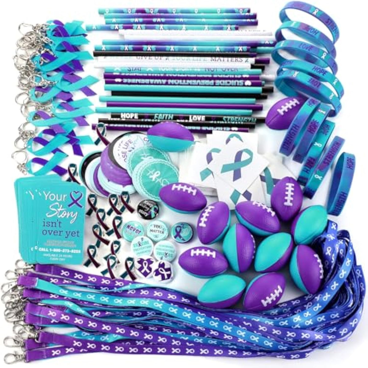 400 Pcs/40 Sets Suicide Prevention Awareness Teal Purple Ribbon Supply Include Wristband Bracelets Keychain Pencil Cutout Lanyard Button Pin Rugby Sticker For Charity Fundraise Party Favor