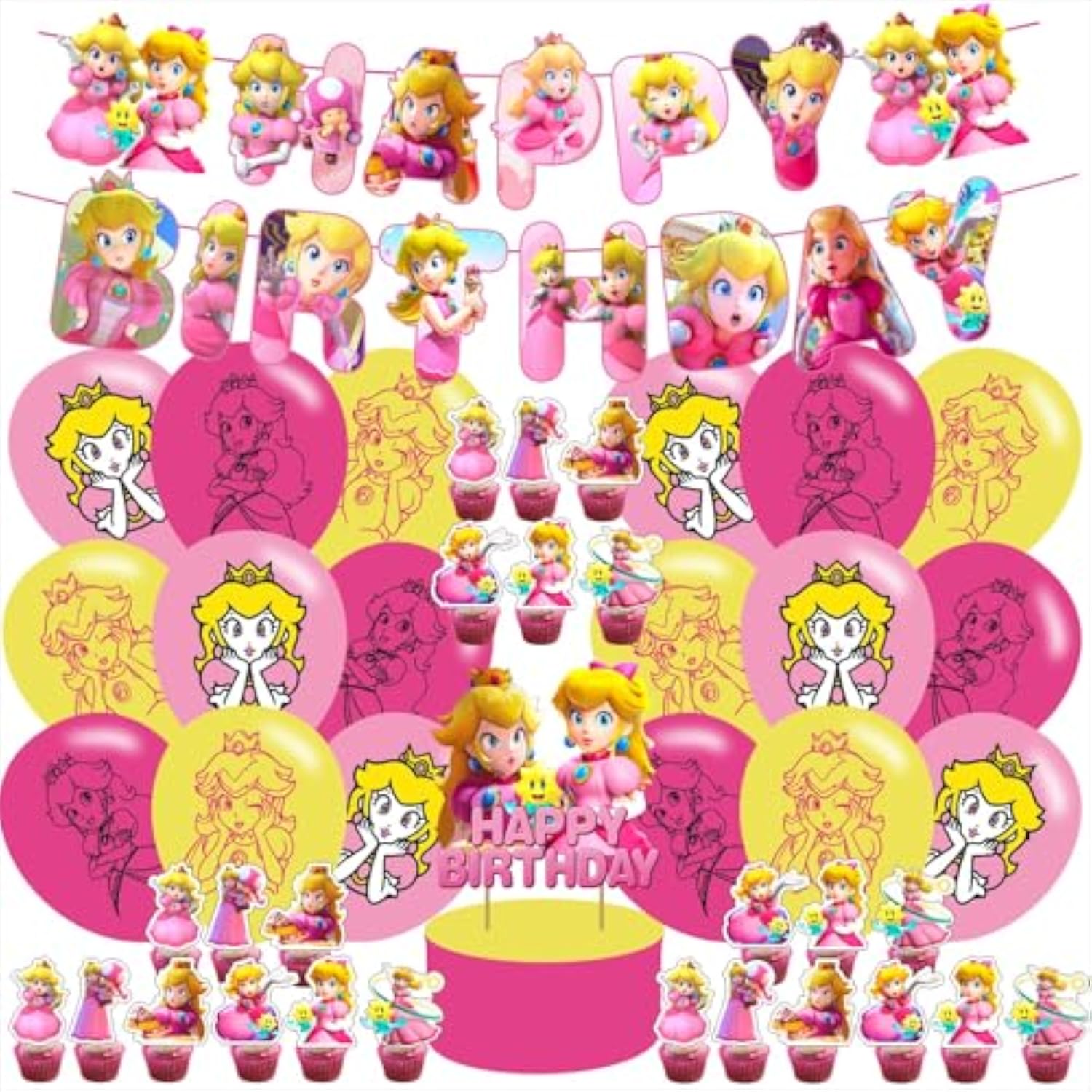 Princess Birthday Party Supplies, Princess Peach Themed Happy Birthday Banner, Balloons, Cake & Cupcake Toppers For Girls