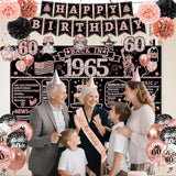 60Th Birthday Decorations For Women – 58Pcs Rose Gold & Black Party Supplies With Back In 1965 Backdrop, Banner, Honeycomb Centerpieces, Balloons, Hanging Swirls, Foil & Latex Balloon, Sash, Pom Poms