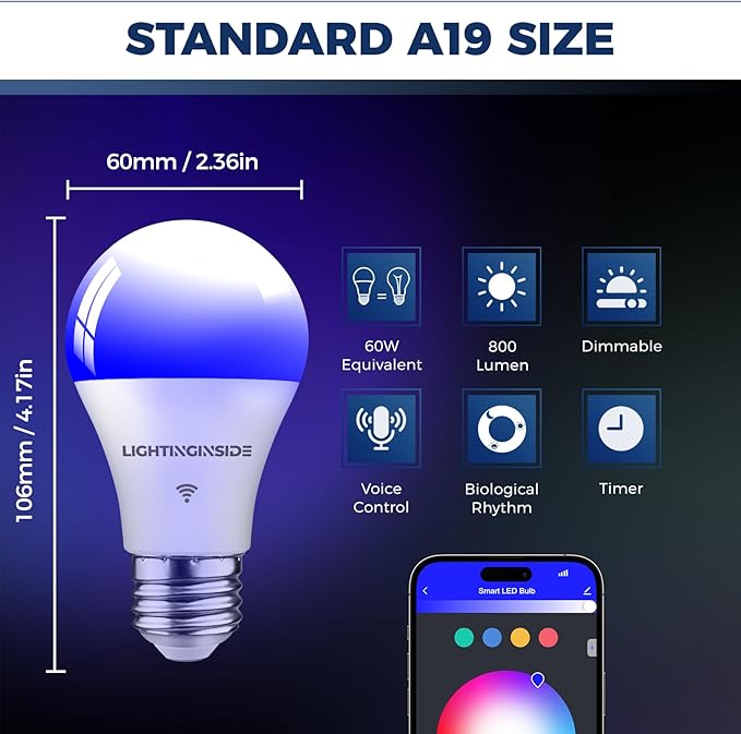 A19 Smart Light Bulbs 2 Pack 60W Equivalent 800LM WiFi Dimmable Alexa Google Assistant E26 No Hub