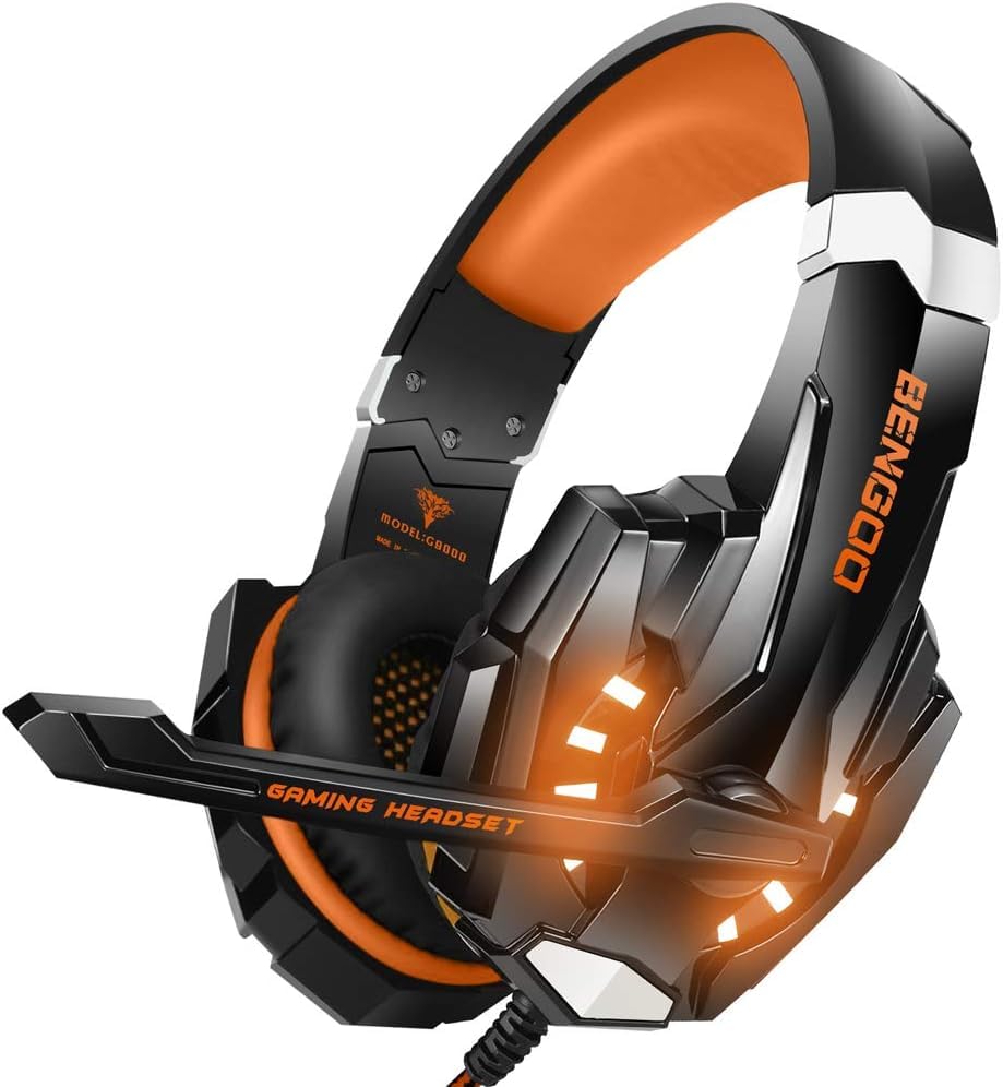 G9000 Stereo Gaming Headset For Ps4, Pc, Xbox One Controller, Noise Cancelling Over Ear Headphones With Mic, Led Light, Bass Surround, Soft Memory Earmuffs (Orange)