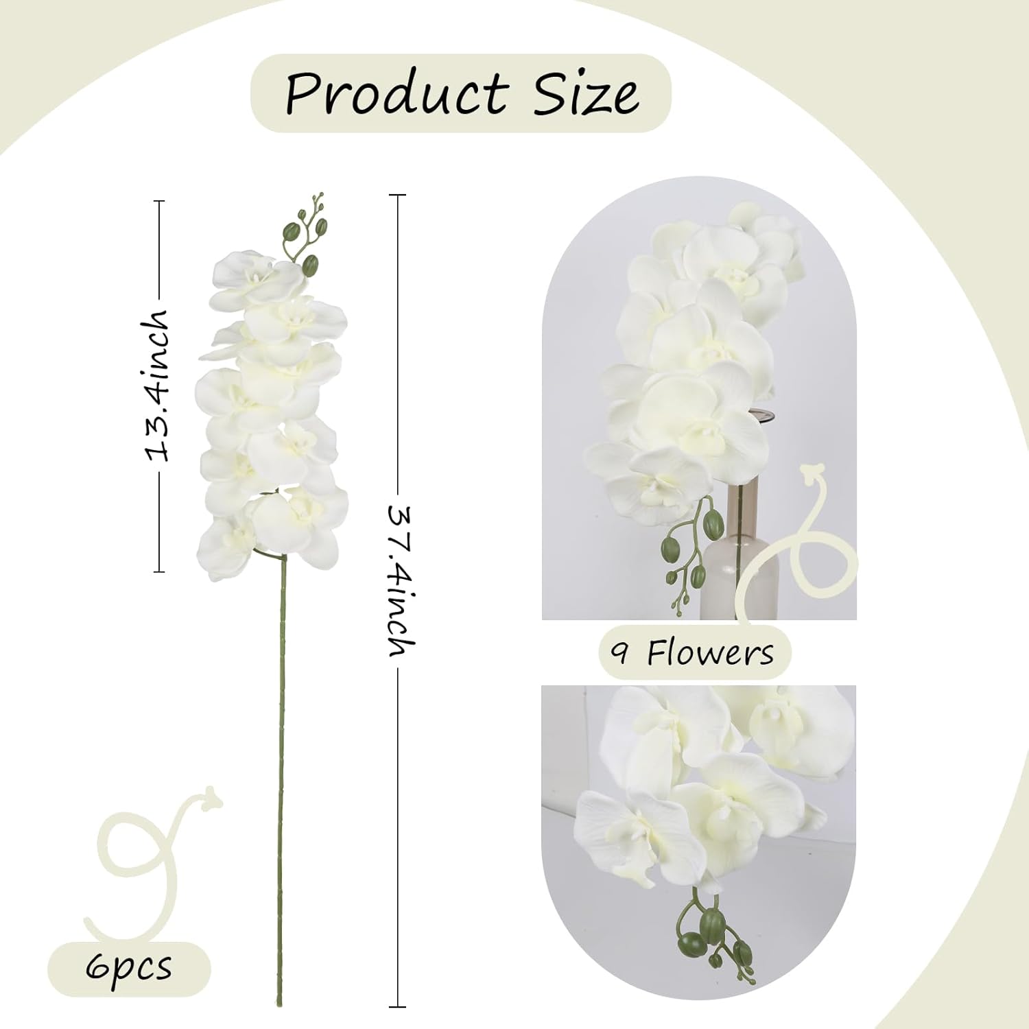 6Pcs White Orchids Artificial Flowers With 9 Large Blooms 37.4" Long Stem Fake Silk Orchid Look Real Flowers For Tall Vase Faux Orchids For Wedding Home Party Dining Table Centerpiece Decoration