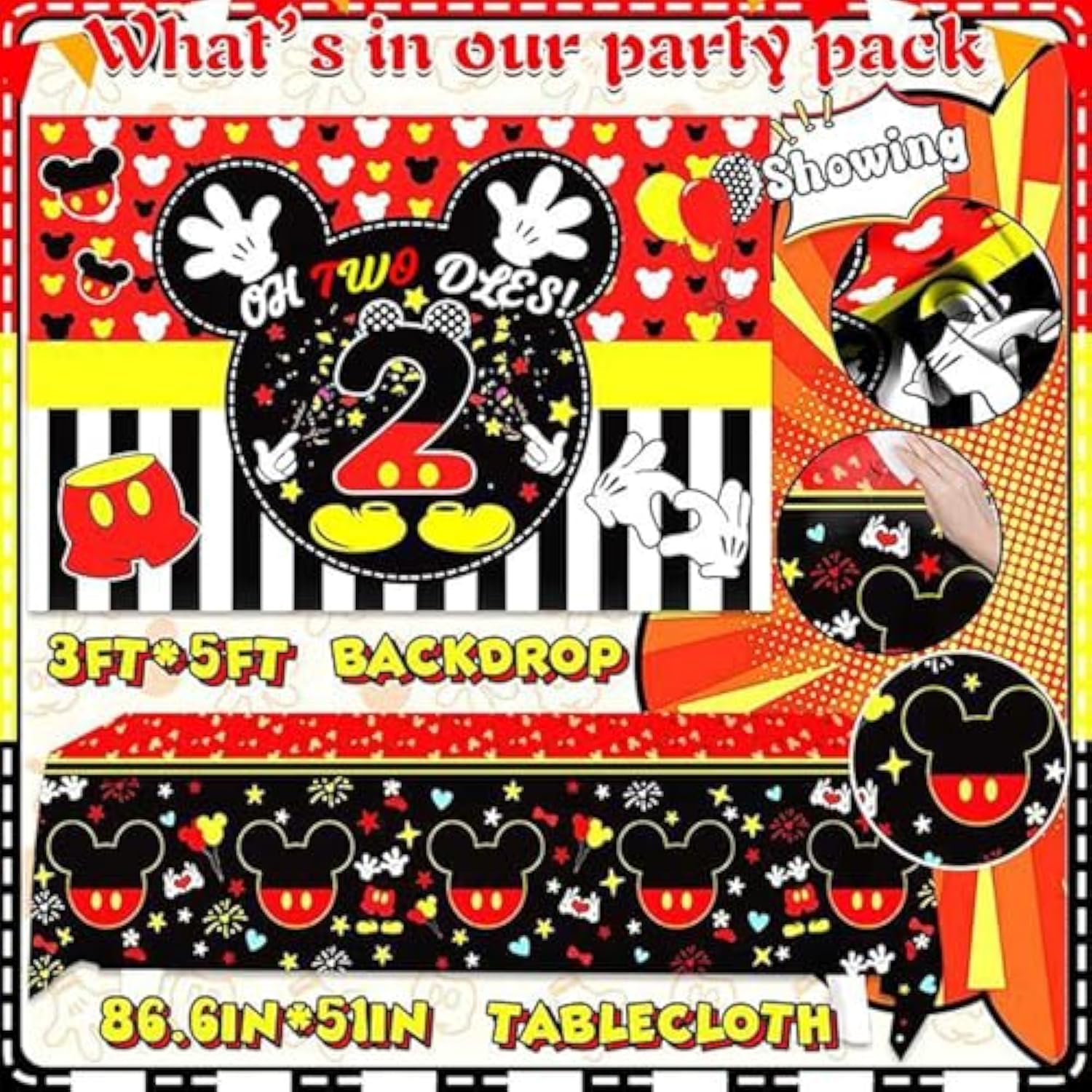 132Pcs Oh Twodles Birthday Party Supplies Boy, Red Mouse 2Nd Birthday Decorations Supplies, Balloons Arch Banner Backdrop Tablecover Cake Topper For Black Mouse Themed Boy 2 Years Old Birth Party