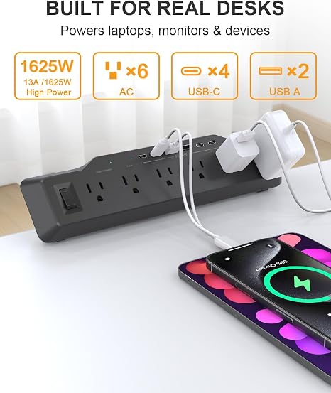 Desk Clamp Power Strip 6 Outlets 4 USB C Ports 35W 1800J Surge Protector Black