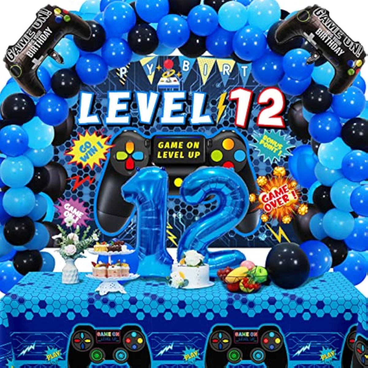 90PCS Video Game Party Decorations – Blue Gamer 12th Birthday Set with Balloons, Backdrop & Tablecloth