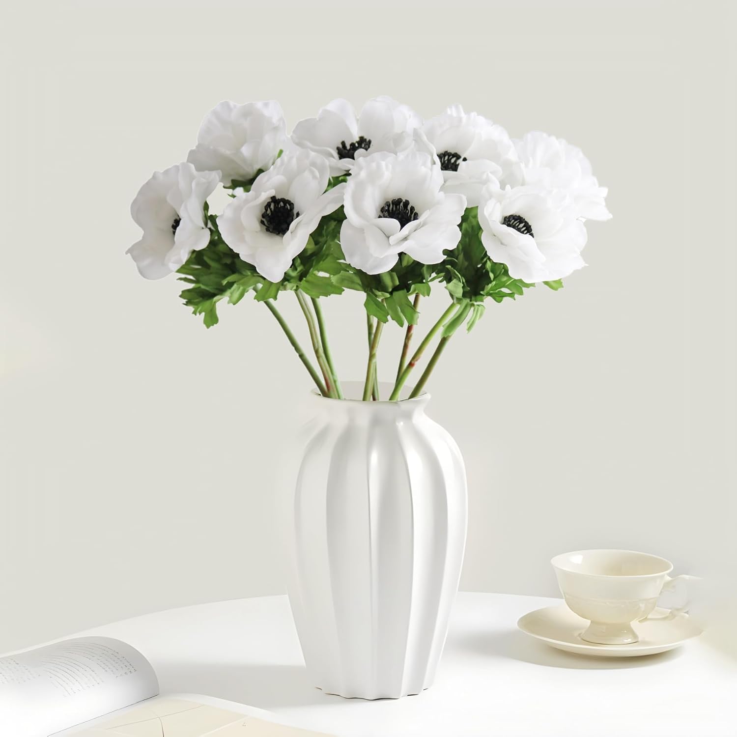 7Pcs Anemone Artificial Flowers Real Touch Silk Flower Wedding Bride Bouquet Diy Home Decor (White)