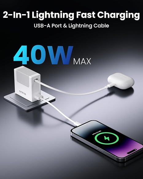 40W Retractable Wall Charger with 33.5in Lightning Cable PD Fast Charging Block for iPhone