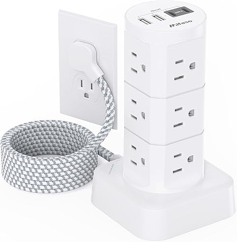 Tower Surge Protector Power Strip with 12 Outlets 4 USB Ports 6FT Flat Plug Extension Cord 1080J