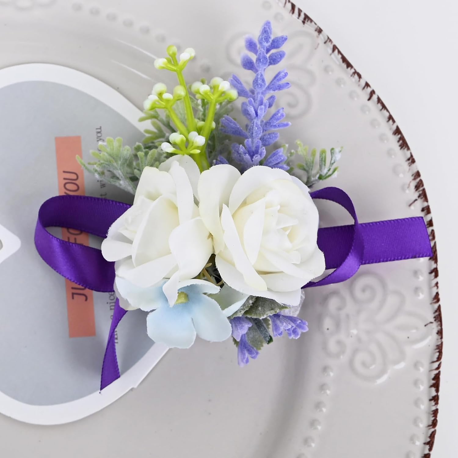 Wrist Corsage And Boutonniere Set Artificial Flowers Accessories For Groom Bride Groomsmen Bridesmaids Wedding Party Prom Suit - Purple White 2 Pieces