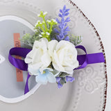 Wrist Corsage And Boutonniere Set Artificial Flowers Accessories For Groom Bride Groomsmen Bridesmaids Wedding Party Prom Suit - Purple White 2 Pieces