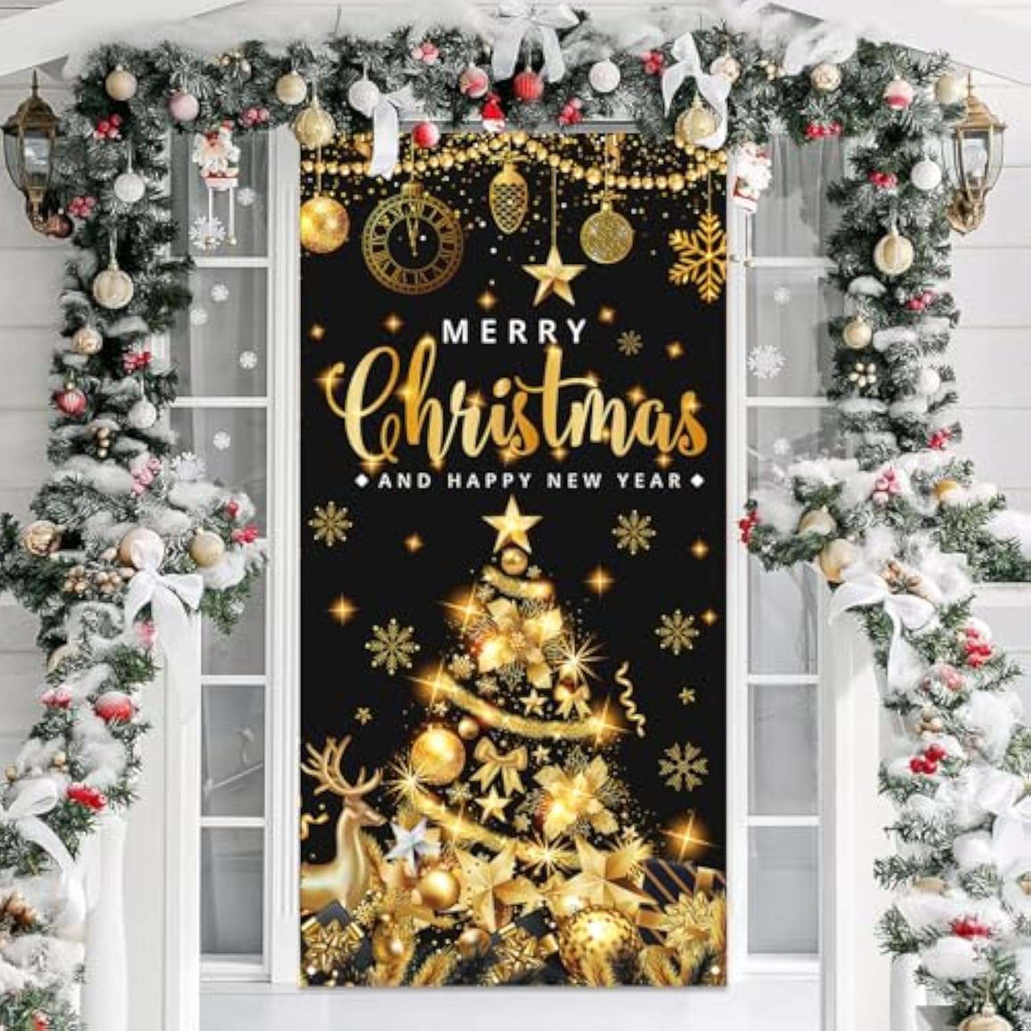 Large Size Merry Christmas & Happy New Year Party Banner, Black Gold, 71X35 Inches