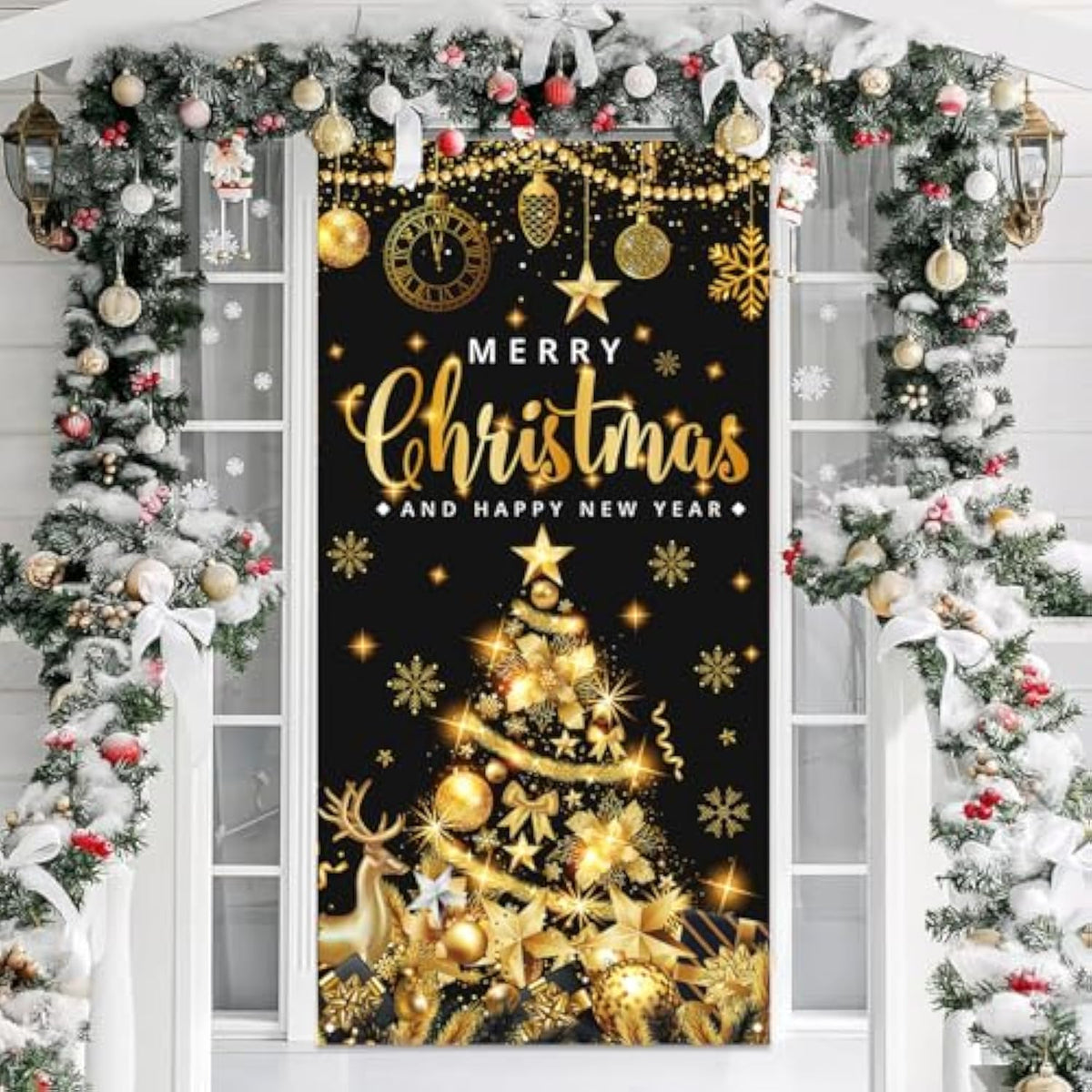 Large Size Merry Christmas & Happy New Year Party Banner, Black Gold, 71X35 Inches
