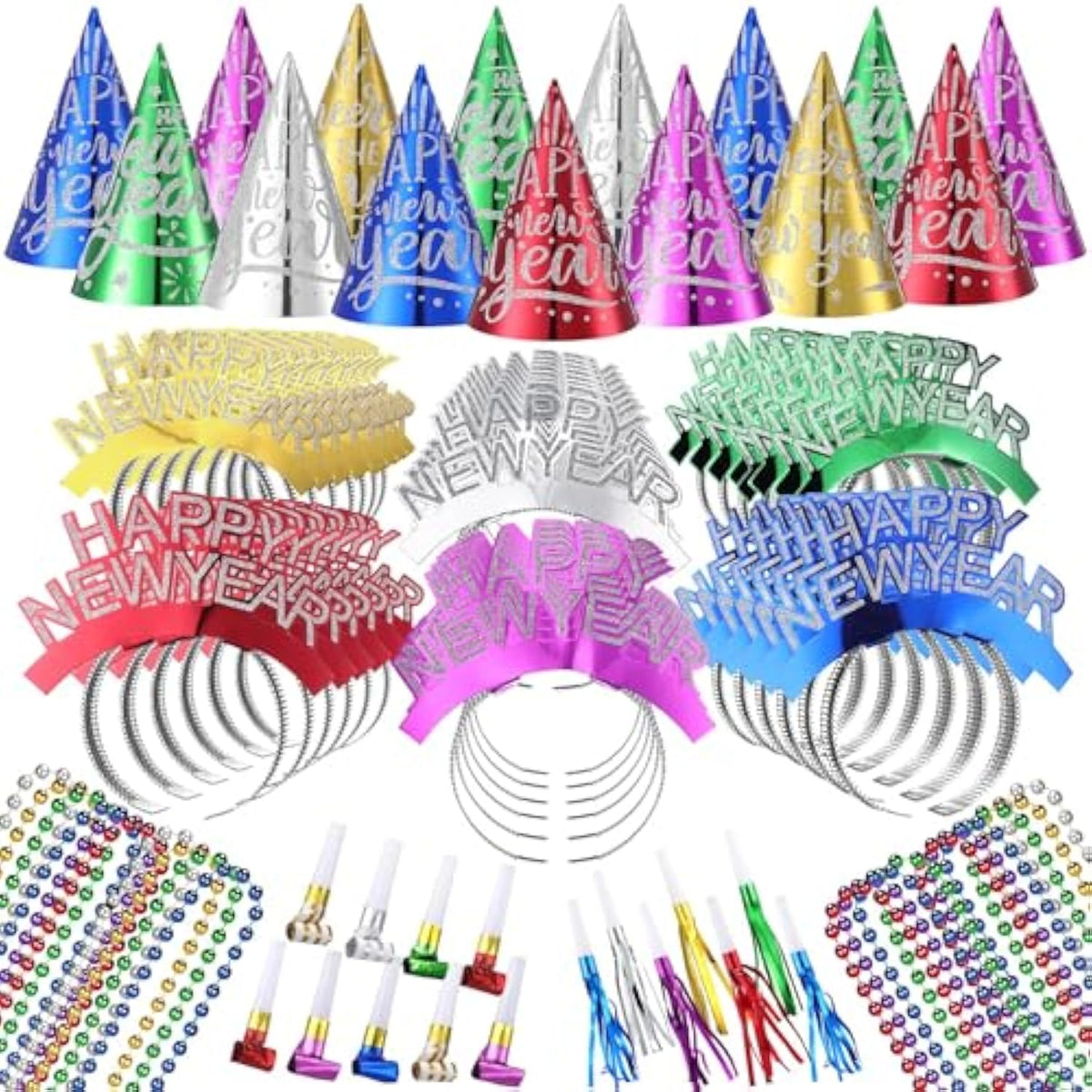 120pcs 2026 New Year Party Hats Tiara Necklaces Squawkers Multicolor